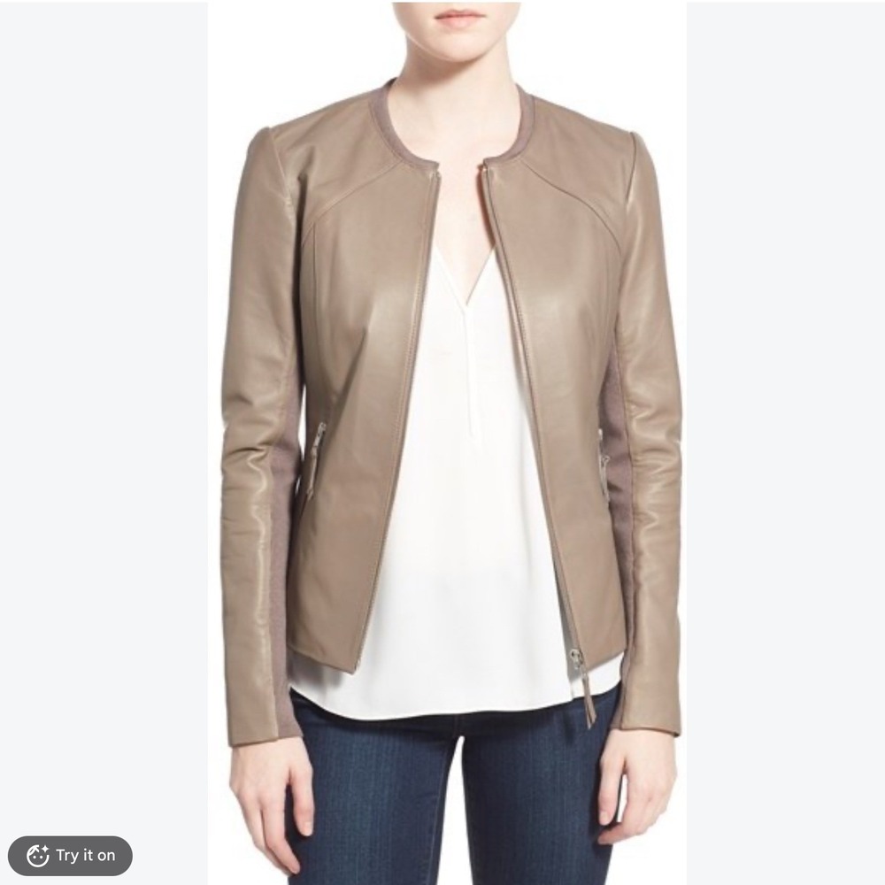 Soia & Kyo Womens Leather Jacket M Grey Sianne Zip Front Knit Panel Collarless